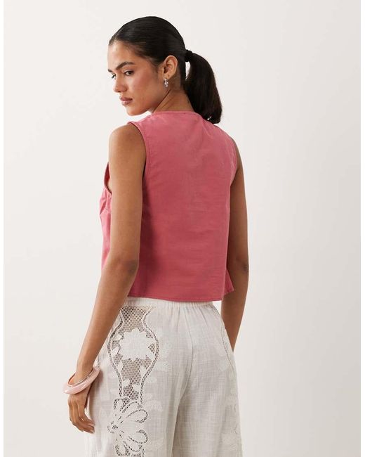 Miss Selfridge Red Linen Blend Tie Front Top