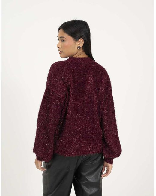 Brave Soul Red Crew Neck Fluffy Tinsel Knit Jumper