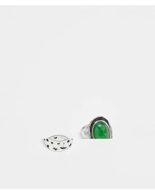 Reclaimed (vintage) Set Van 2 Uniseks Ringen Met Groene Siersteen in het White