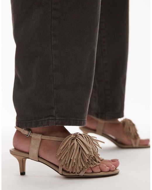 & Other Stories Brown Leather Slingback Open Toe Kitten Heels With Fringe Pom-pom