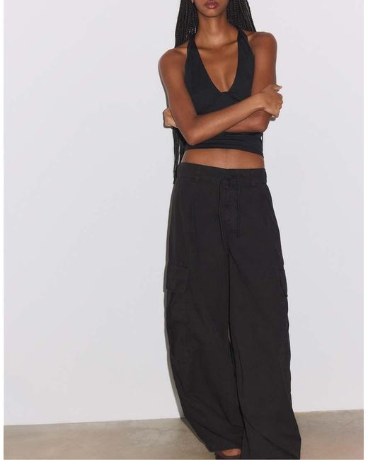Stradivarius Black Poplin Cargo Trousers