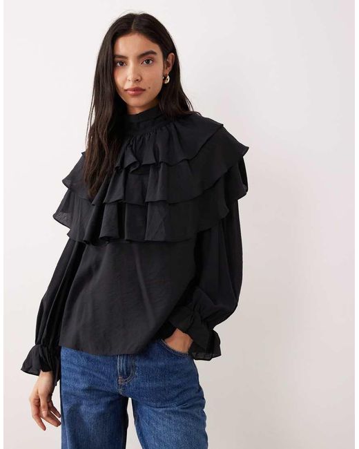 Glamorous Black Boho Ruffle High Neck Blouse