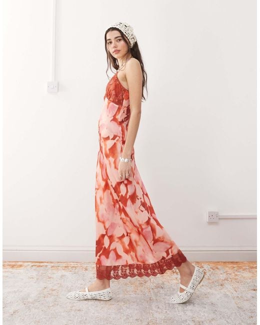 Reclaimed (vintage) Women's Pink Maxi Cami Slip Dress With Lace Trims