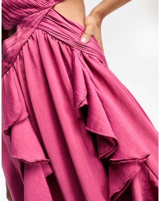 ASOS Pink Asos Design Tall Satin Ruffle Flutter Sleeve Maxi Dress With Cut Out Waist