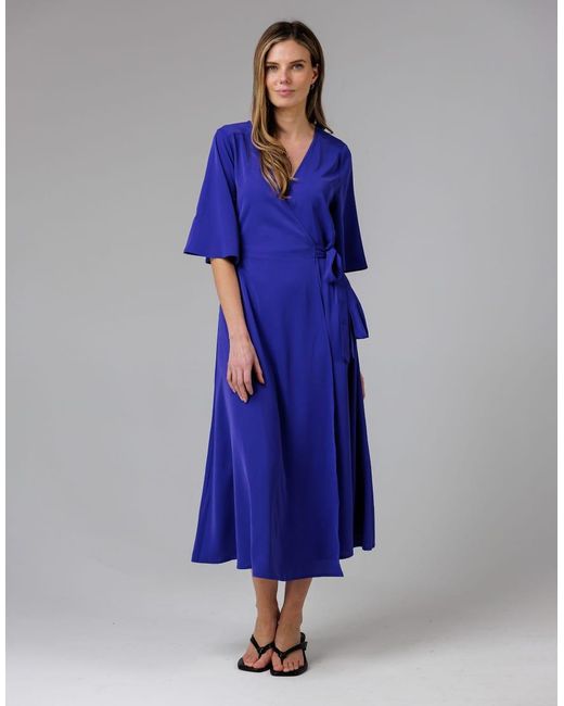 French Connection Blue V- Neck Bell Sleeve Wrap Tie Crepe Midi Dress