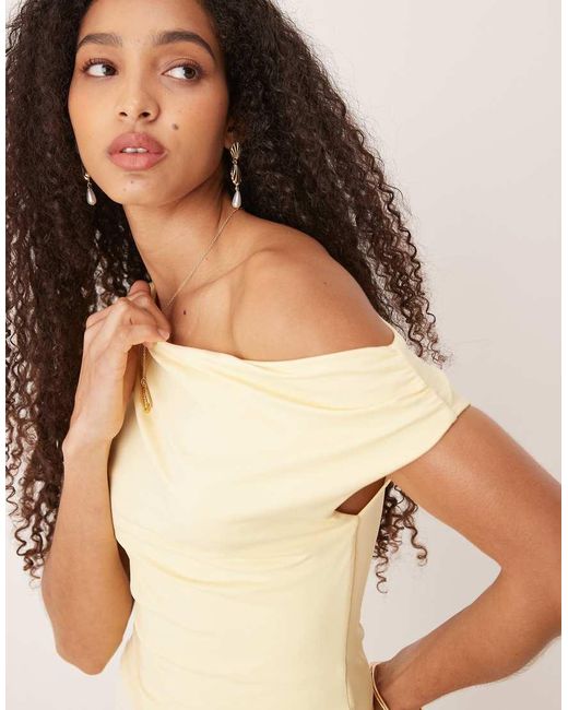 Gina Tricot Natural Slinky Jersey One Shoulder Ruched Twist Top