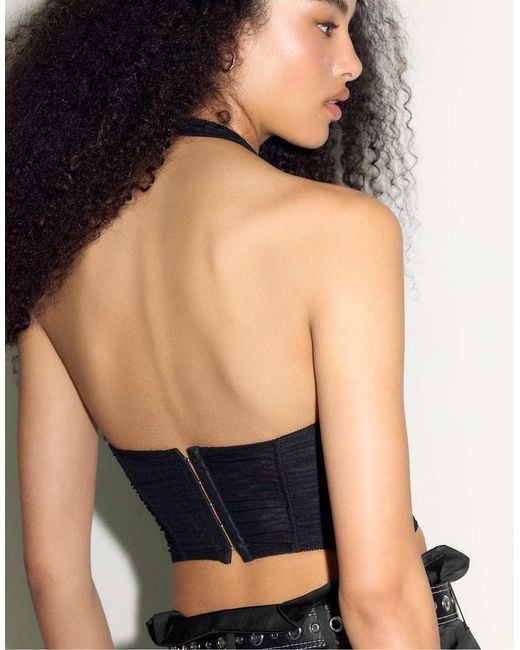 Stradivarius Blue Mesh Halter Bodice Top