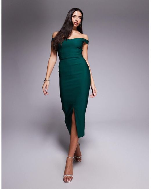 green midi dress with split Vesper Bengaline Bardot Sweetheart Neckline Front in OPS_brand:Bebe-archive
