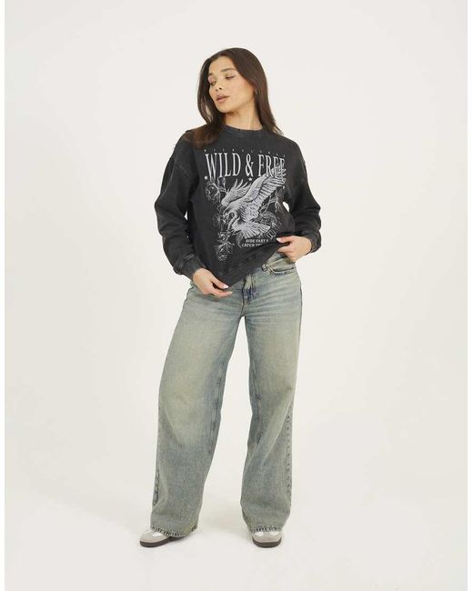 Brave Soul Black Acid Wash Graphic Print Sweatshirt