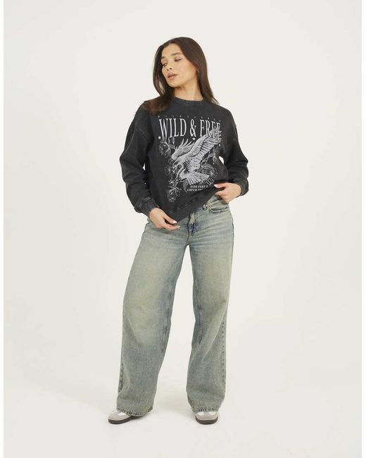 Brave Soul Black Acid Wash Graphic Print Sweatshirt