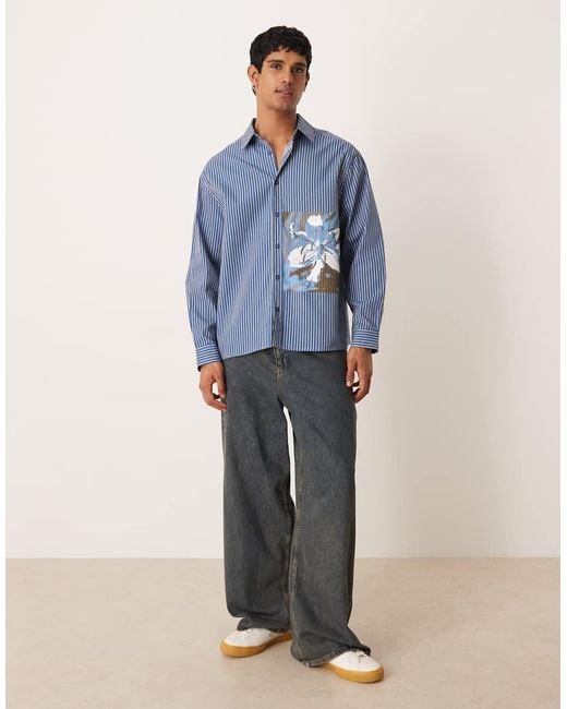 ASOS Blue Oversized Stripe Poplin Shirt With Print Detail for men