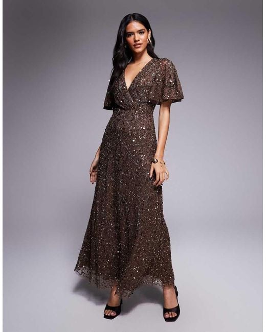 Beauut Brown Embellished V-neck Wrap Flutter Sleeve Maxi Dress