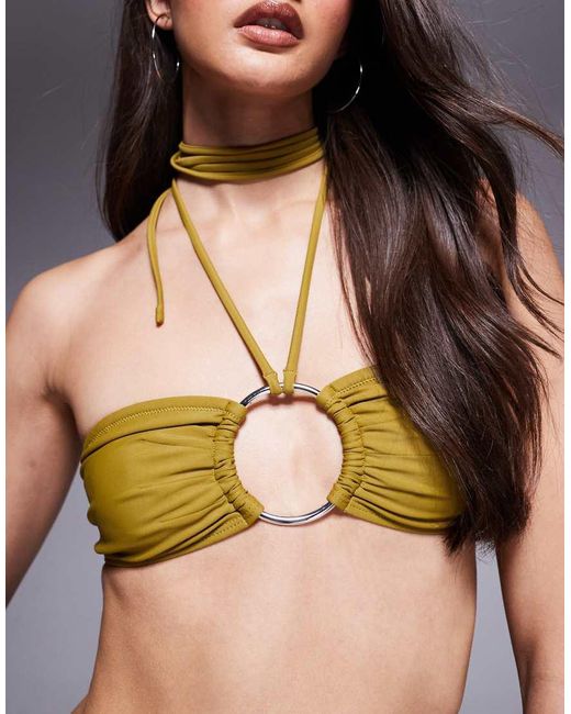 ASOS Green Colette Deep Pleat Bandeau Bikini Top With Oversized Ring And Neck Tie Detail