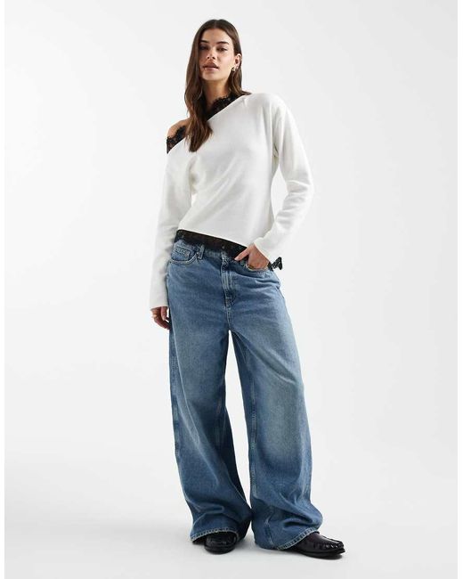 ASOS White Super Soft Fallen Shoulder Lace Hem Top