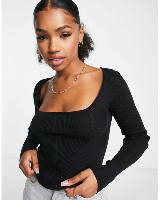 Stradivarius Synthetic Square Neck Corset Seamed Knit Top in Black ...