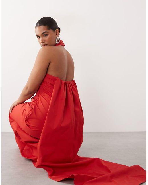 ARRANGE Red Curve Halter Shir Waistband Maxi Dress