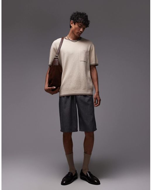 T-shirt en maille ottoman avec col et ourlet à liserés - taupe Topman pour homme en coloris Gray