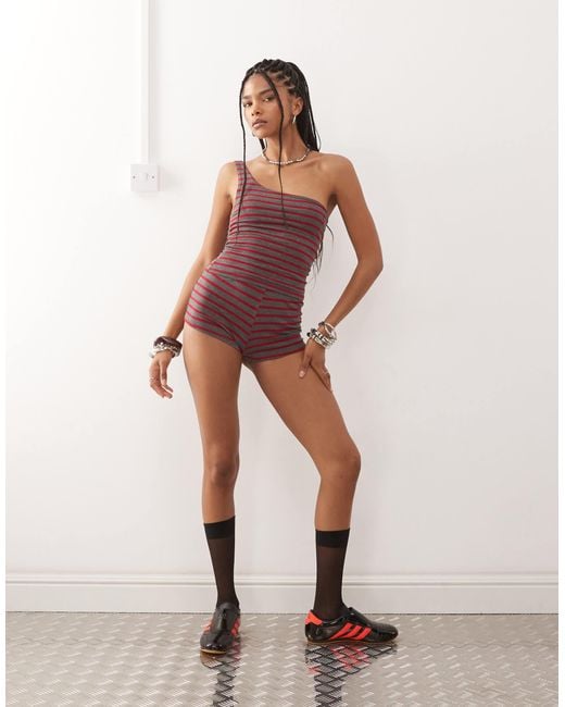 Collusion Red One Shoulder Striped Top