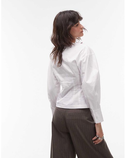TOPSHOP White Poplin Barrel Sleeve Cinch Top