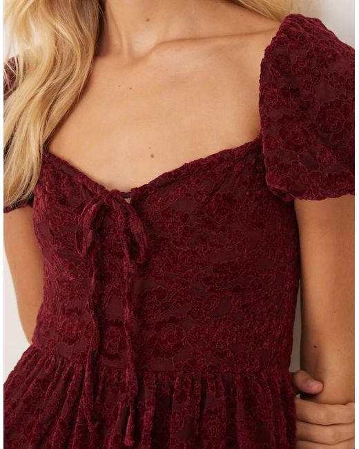 Lovedrobe Red Floral Velvet Lace Square Neck Midaxi Dress