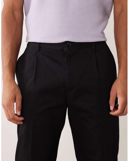 Mango Black 100% Cotton Straight Leg Adjustable Waist Trousers With Front Darts for men