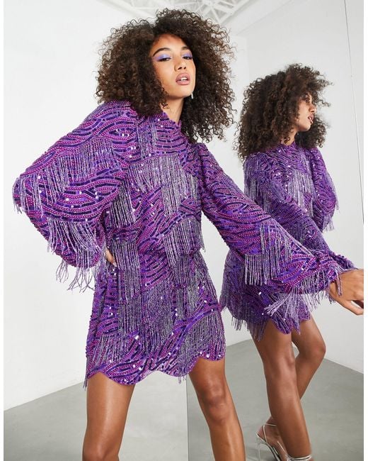 ASOS Purple Edition Sequin Beaded Fringe Long Sleeve Minidress