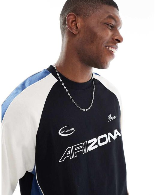 ASOS Blue Boxy Oversized T-shirt With Cut And Sew Panelling And Sports Graphics for men