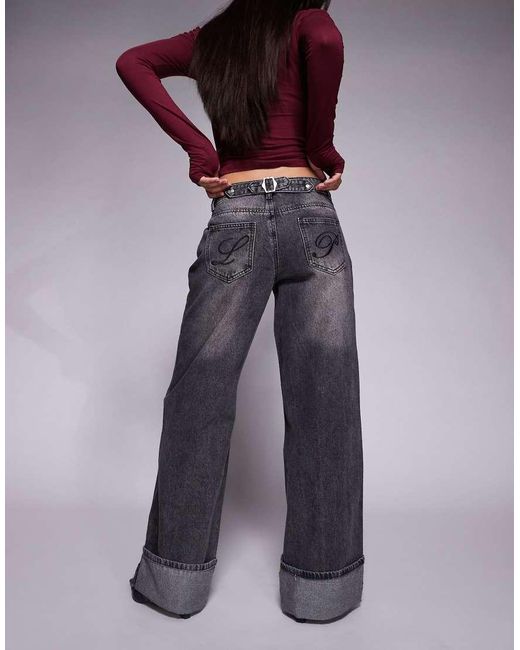 Liquor N Poker Purple Cinch Midrise Turn Up baggy Denim Jeans With Contrast Stiching