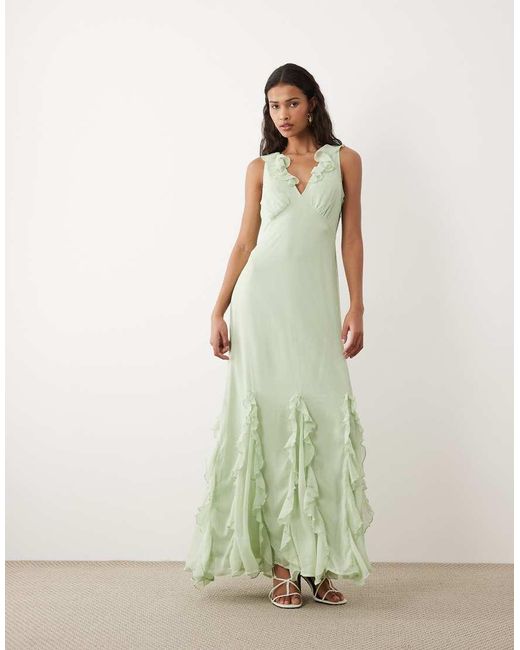 Vila Green Frill Trim Chiffon Maxi Dress