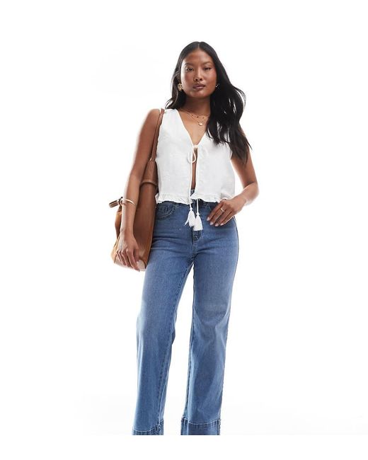 Only Petite Blue Juicy High Waist Wide Leg Jeans With Stud