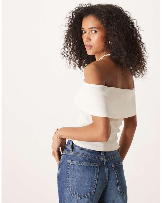 ASOS White Fold Over Ribbed Bardot Top