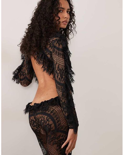 The Dolls House Black Kiah Premium Lace Cut Out Open Back Flared Jumpsuit