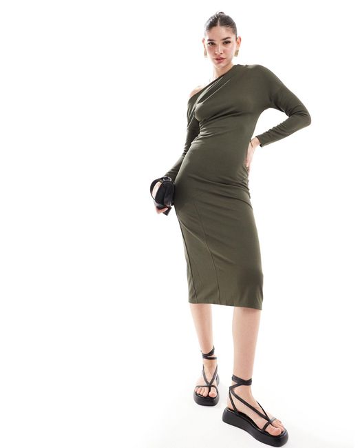 ASOS Green Long Sleeve Drape Detail Midi Dress