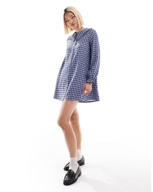 Daisy Street Blue Gingham Shift Smock Dress With Ruffle Collar
