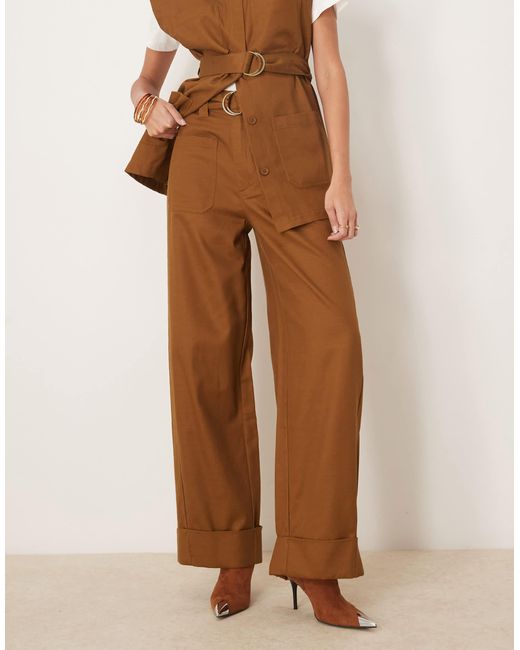 ASOS Brown Relaxed Trousers With Turn Up Hem