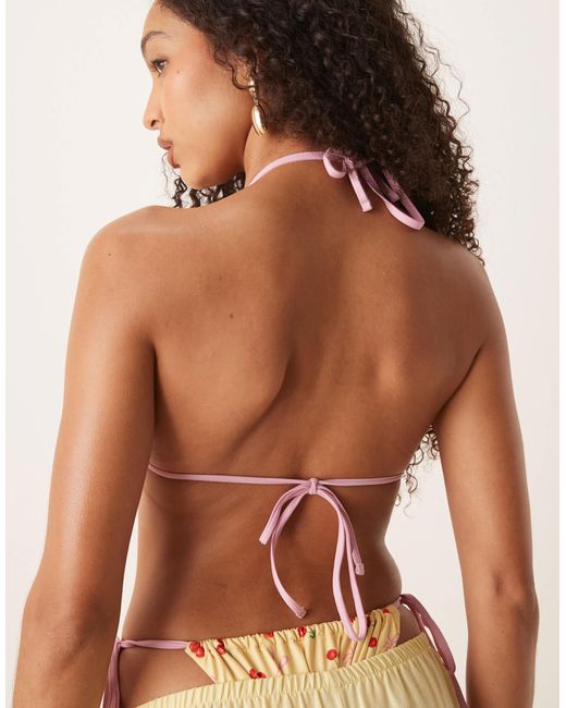ASOS Natural Brielle Bow And Cherry Print Triangle Bikini Top