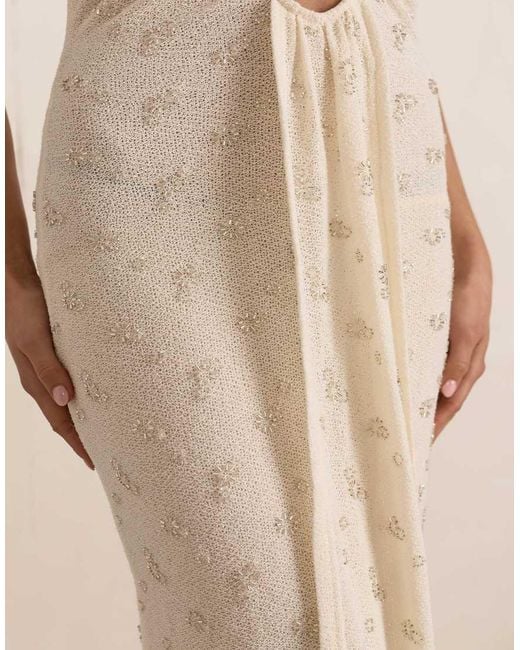 Missy Empire Natural Embellished Knit Plunge Drape Maxi Dress