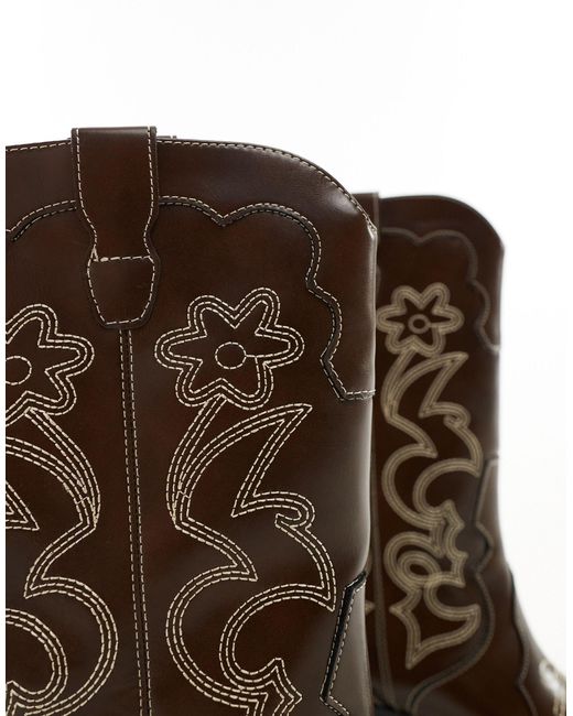Pull&Bear Brown Western Cowboy Boot With Embroidered Detail