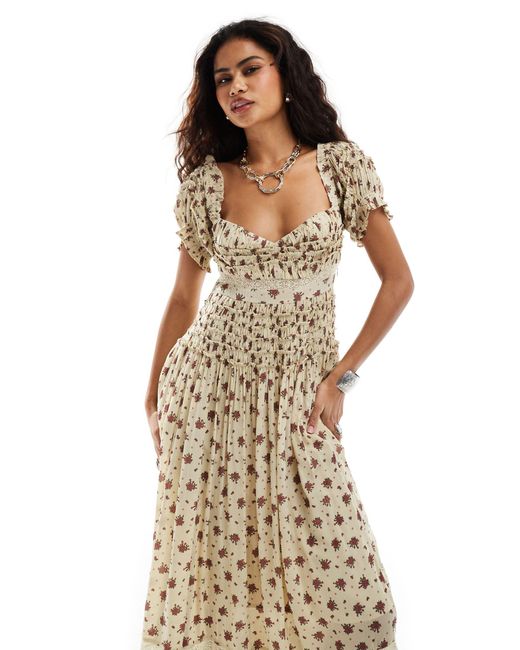 Free People Natural Shirred Chintzy Floral Midaxi Dress