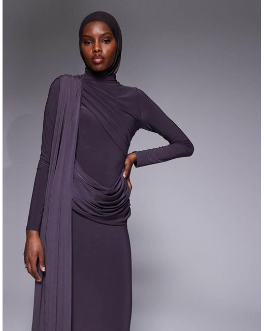 ASOS Blue Long Sleeve Slinky Draped Maxi Dress