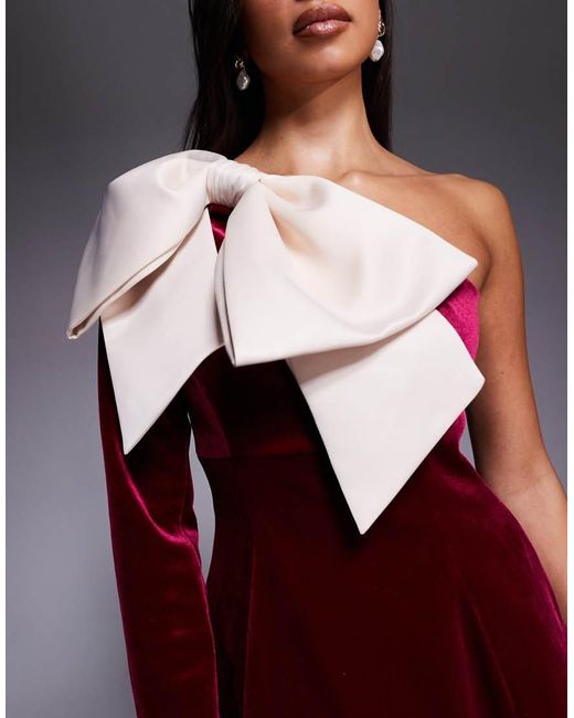 ASOS Red One-shoulder Velvet Mini Dress With Bow Detail