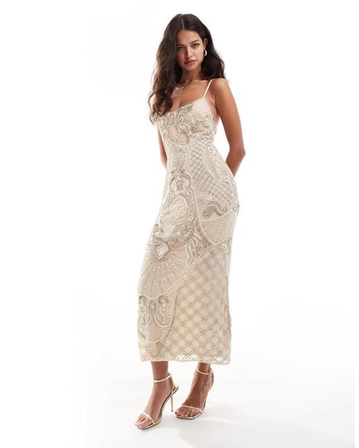asos cream lace dress ASOS DESIGN asymmetric satin cami midi dress in cream with black lace