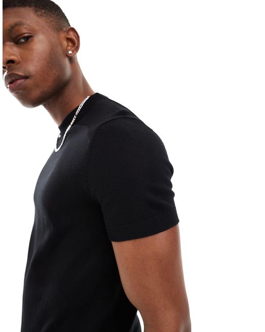 Pull&Bear Black Fine Knit Muscle Fit T-shirt for men