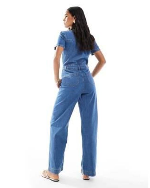 Miss Selfridge Blue – kurzärmliger jeans-jumpsuit