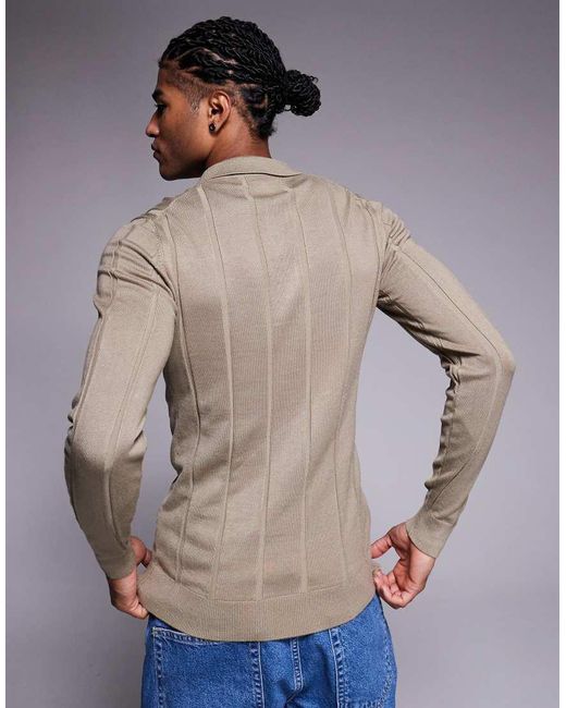 River Island Natural Muscle Fit Ribbed Knitted Polo for men
