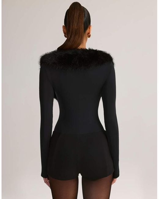 Oh Polly Black Lace Faux Fur Trim Long Sleeve Mini Short Playsuit