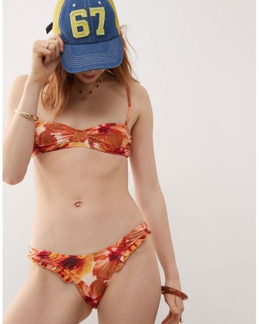 Motel Orange Pali Hibiscus Print Ruffle Bikini Top