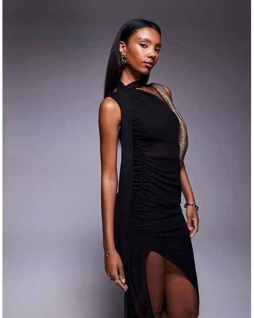 Public Desire Blue Mesh Choker Detail Asymmetric Midaxi Dress