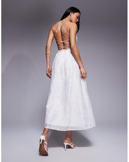 Love Triangle White Embroidered Midaxi Dress With Shirred Waist And Lace Up Back