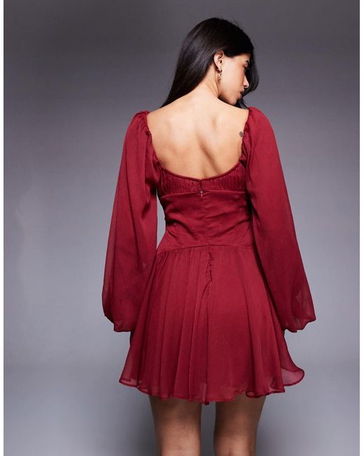 ASOS Red Puff Sleeve Chiffon Lace Up Mini Skater Dress